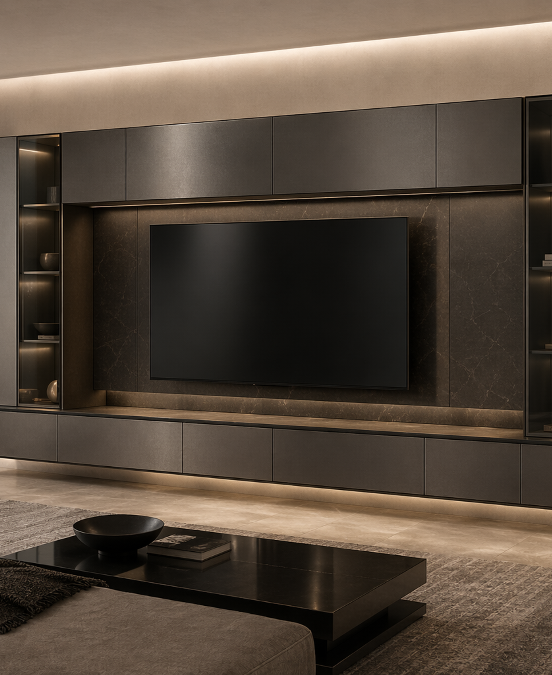 Fadior Essence Living Room Suite with Satin Shadow Media Wall — 304 stainless steel living room system, front view