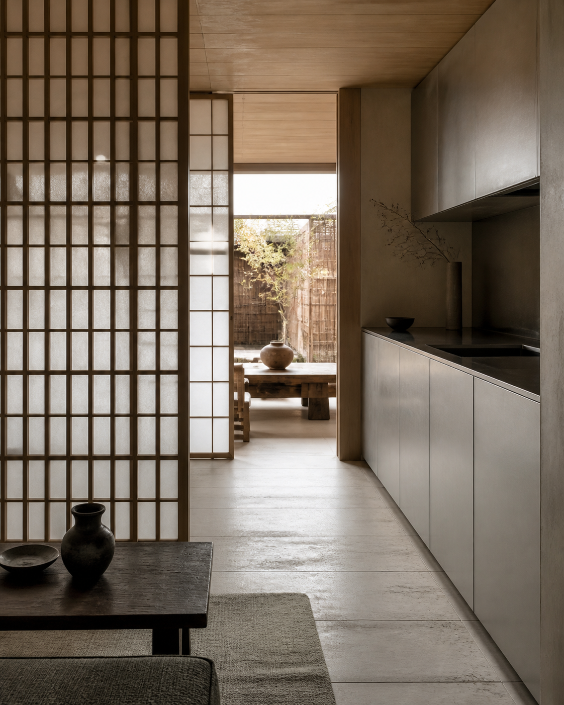 Fadior Tokyo 120 sqm Kitchen Penthouse — timber screen, steel cabinet, dining table, courtyard window