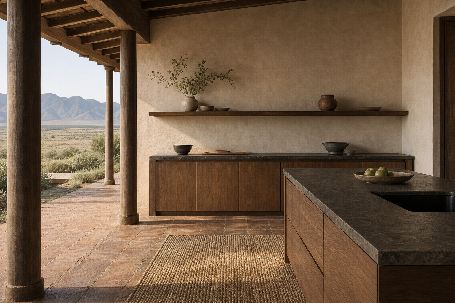Fadior Solace Kitchen Suite with Floating Shelf Prep Wall — lifestyle setting with natural light and residential styling
