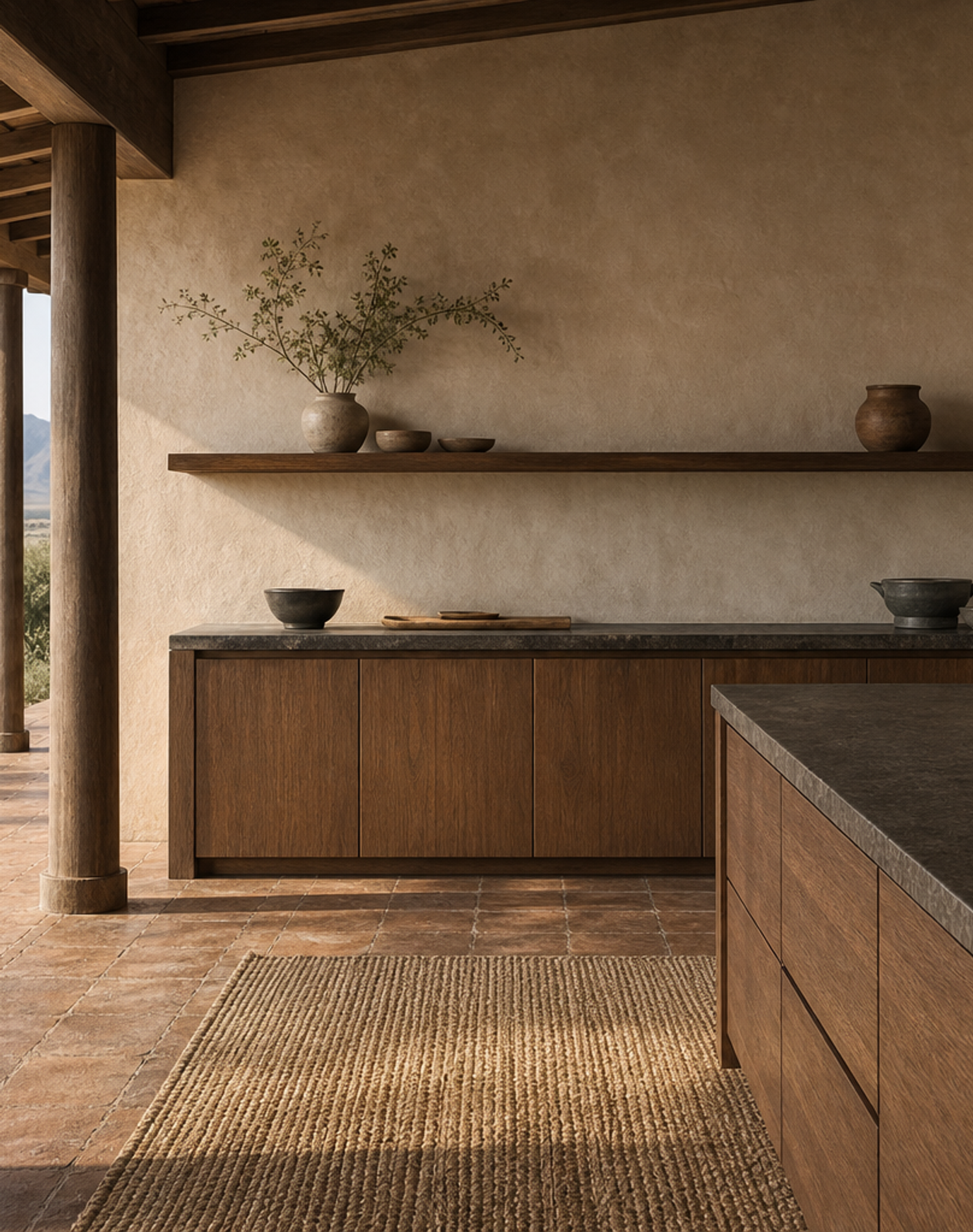 Fadior Solace Kitchen Suite with Floating Shelf Prep Wall — lifestyle setting with natural light and residential styling