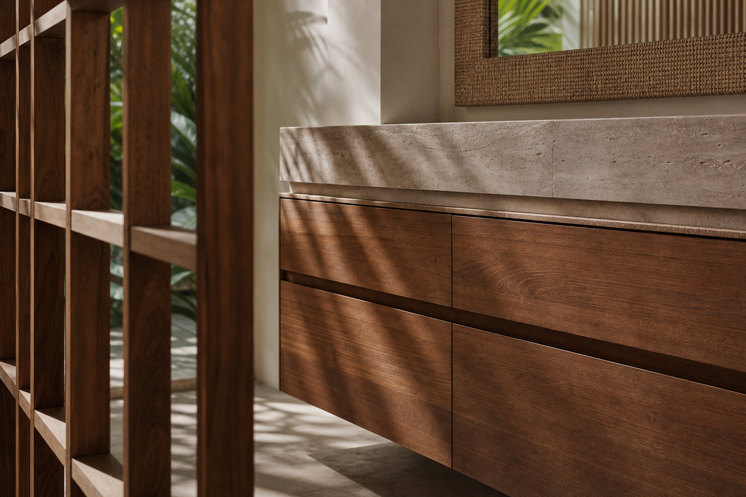 Fadior Alcove Bath and Vanity Suite with Travertine Shadow Basin Rail — close-up of stainless steel finish and hardware