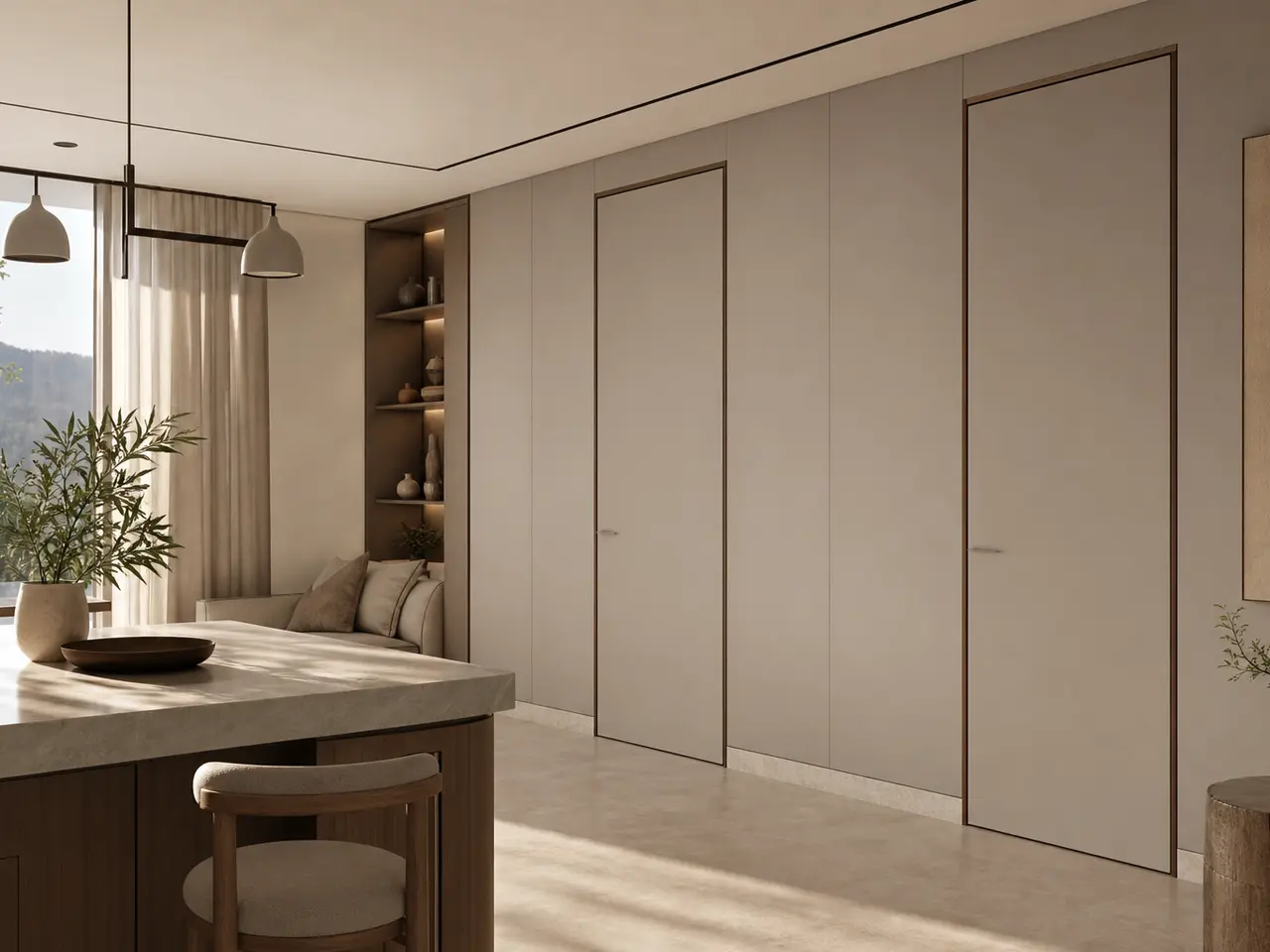 Fadior Alabaster Interior Door Suite with Flexible Passage Wall - full-height stainless steel interior door with concealed frame, quiet hardware, and matching wall panel continuity