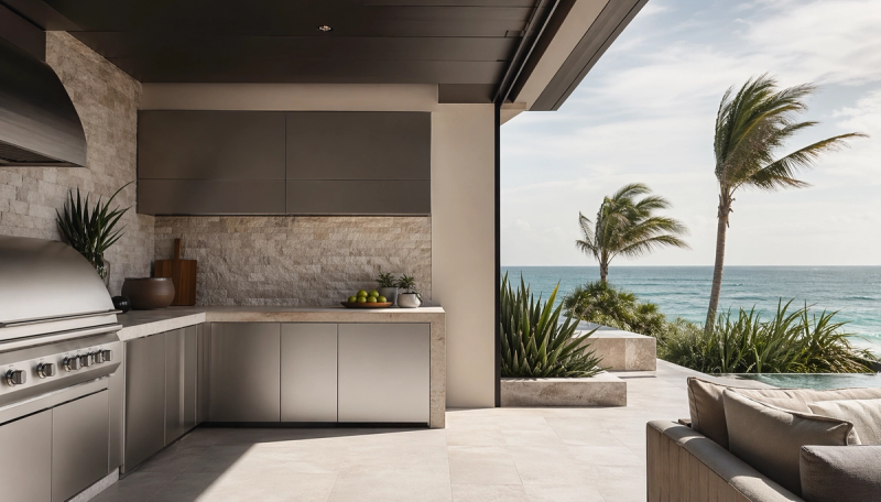 Decision comparison scene: sheltered 304 stainless steel outdoor kitchen storage beside a more exposed patio edge.