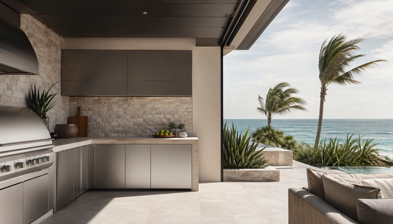 Decision comparison scene: sheltered 304 stainless steel outdoor kitchen storage beside a more exposed patio edge.