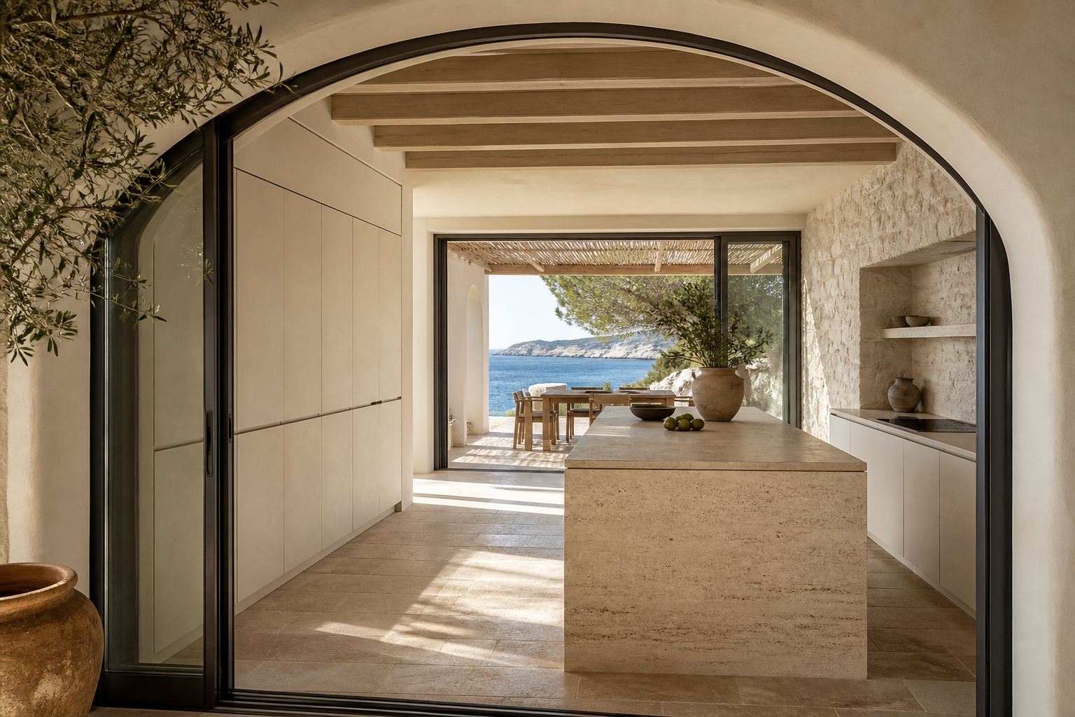 Fadior Meridian Kitchen Suite with Mosaic Threshold Island — interior room context showing cabinet integration