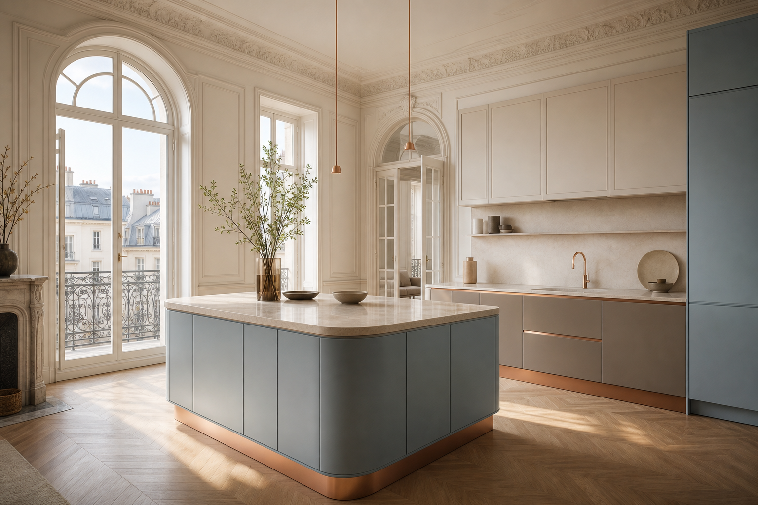Paris apartment kitchen with soft blue powder coated panels and warm afternoon light. — 304 stainless steel cabinetry editorial by Fadior