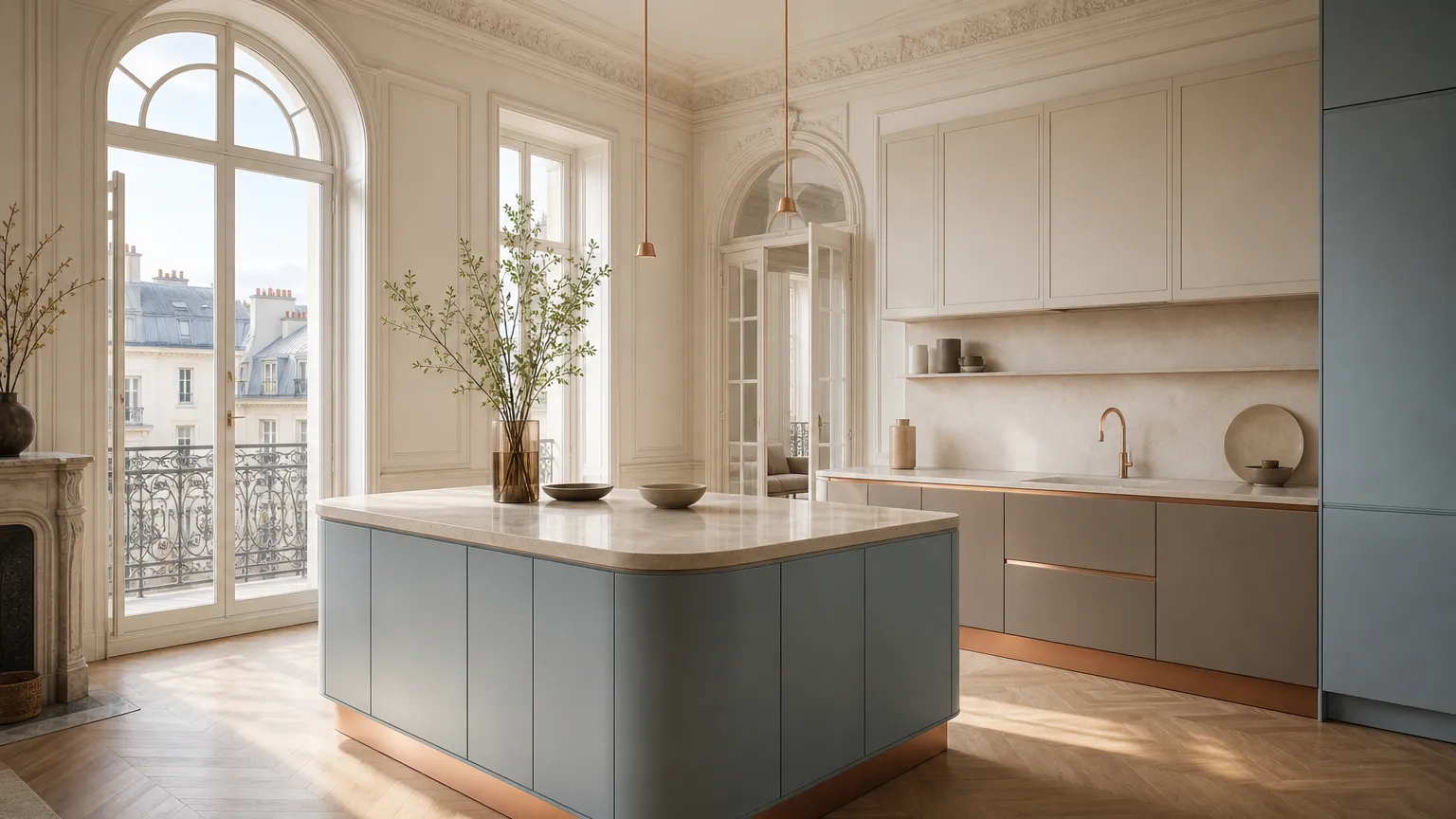 Paris apartment kitchen with soft blue powder coated panels and warm afternoon light.
