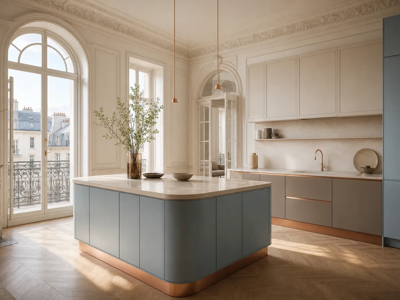 Paris apartment kitchen with soft blue powder coated panels and warm afternoon light. — 304 stainless steel cabinetry editorial by Fadior