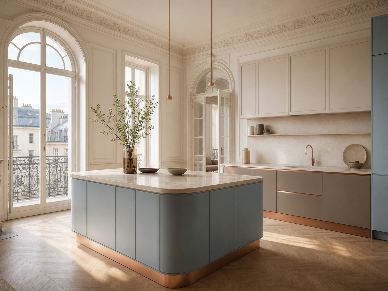 Paris apartment kitchen with soft blue powder coated panels and warm afternoon light. — 304 stainless steel cabinetry editorial by Fadior