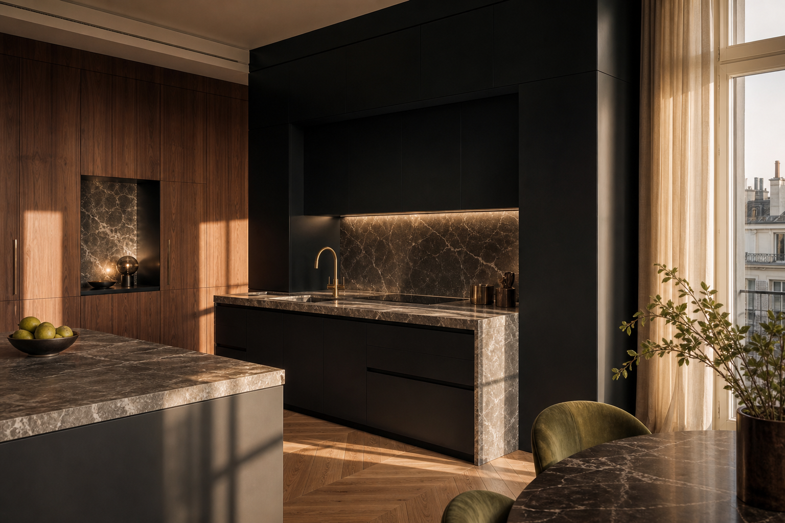 Fadior Milan 75 sqm Kitchen Penthouse - counter, sink, cabinet wall, city window