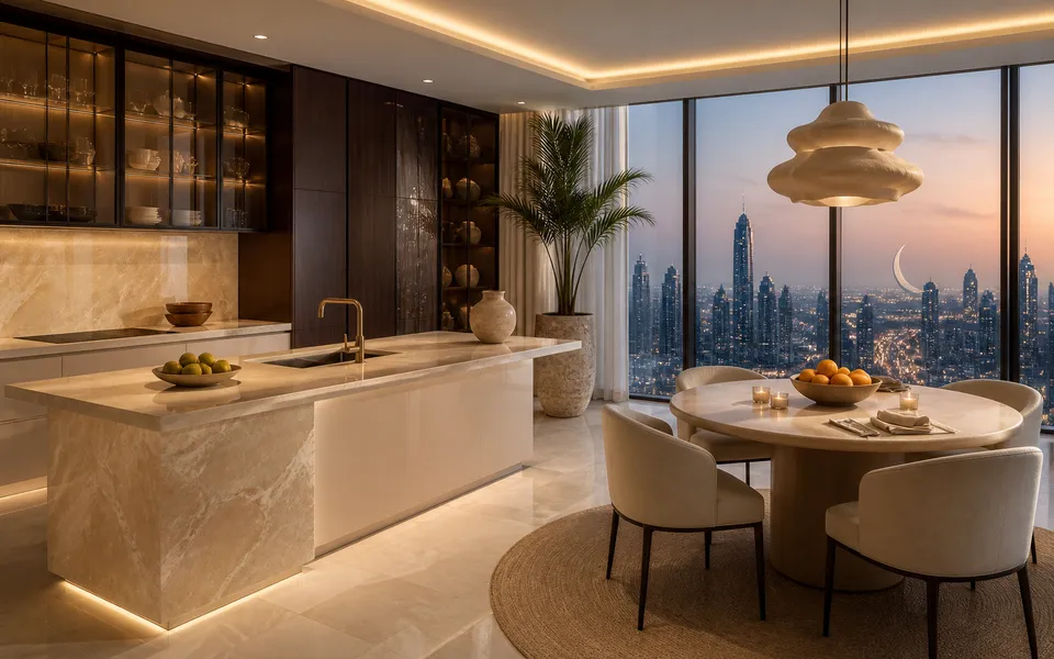 Fadior Dubai 120 sqm Kitchen Bath Penthouse — cream island, walnut cabinet wall, stone counter and skyline window — 304 stainless steel cabinetry installation by Fadior