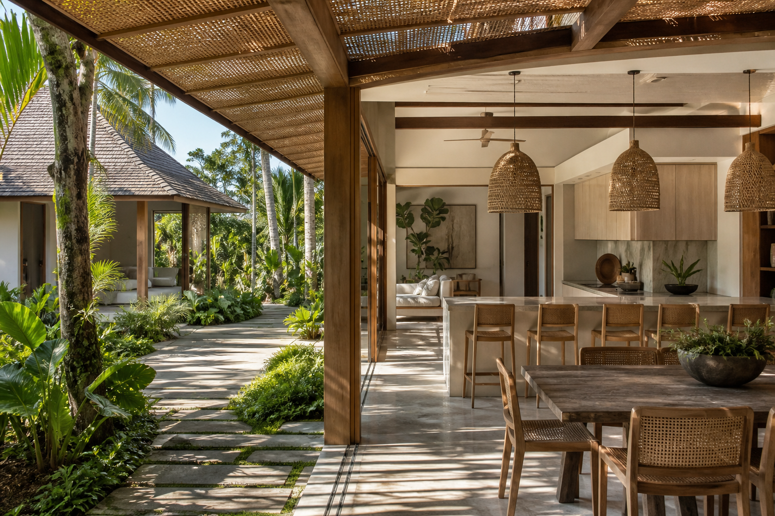 Fadior Ubud 220 sqm Kitchen Villa — terrace, dining counter, cane chairs, timber beams, palms, garden path.