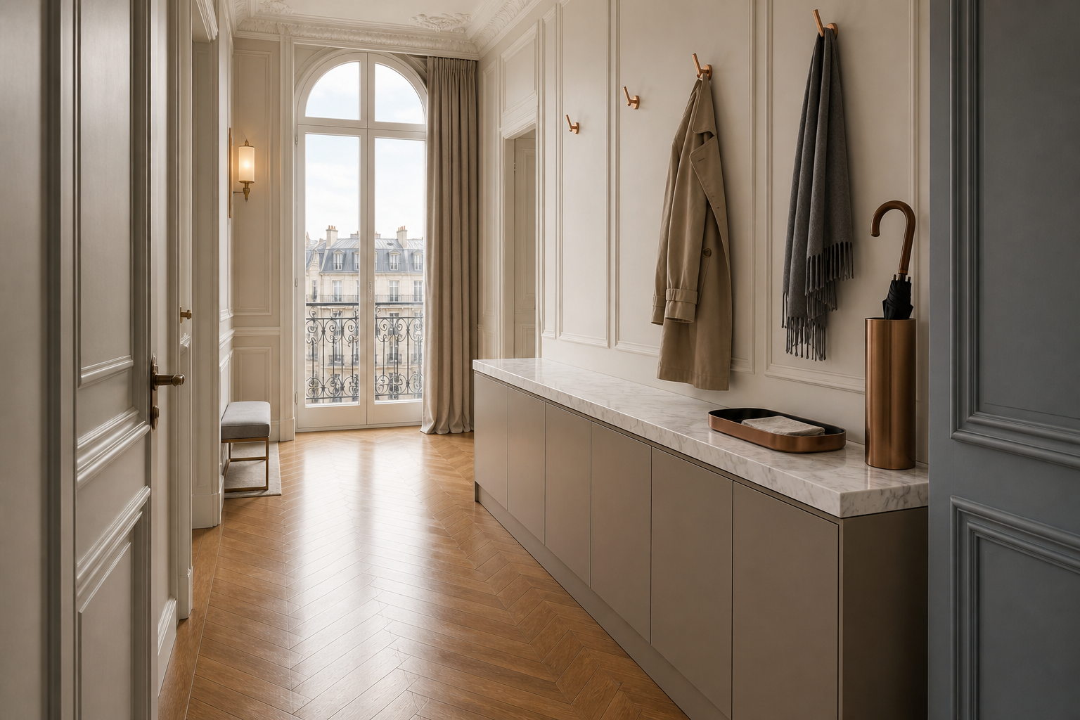 Fadior Loggia Entryway Suite with Touch-Clean Mudroom Console — interior room context showing cabinet integration