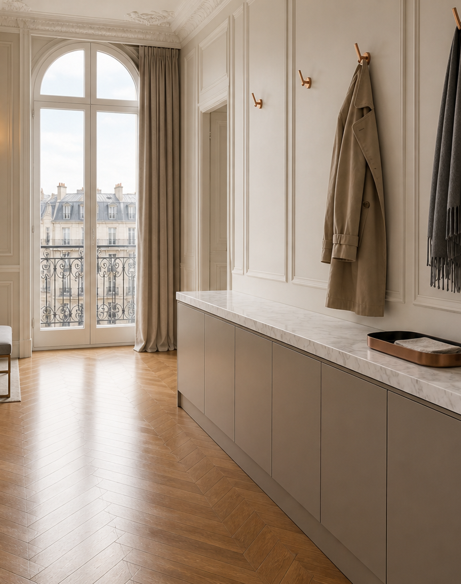 Fadior Loggia Entryway Suite with Touch-Clean Mudroom Console — interior room context showing cabinet integration