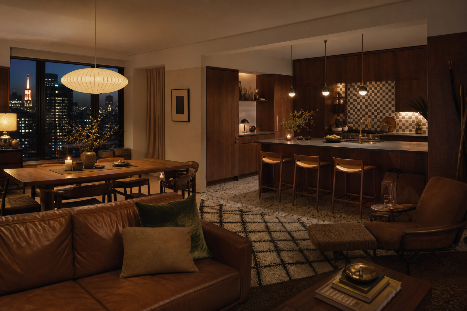 Fadior New York 320 sqm Kitchen Villa — kitchen island, sofa, dining table, city window, terrazzo floor