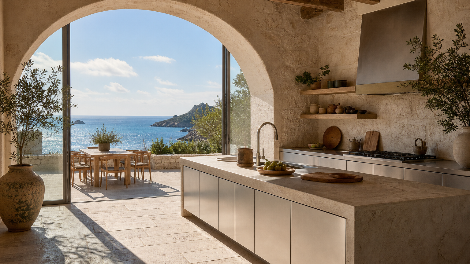Hero atmosphere: sunlit coastal kitchen and terrace showing a calm freight-aware renovation setting.