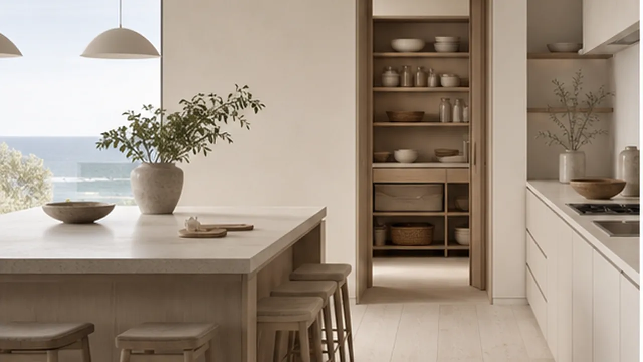 Copenhagen soft-light kitchen with a walk-in pantry threshold and calm breakfast flow.