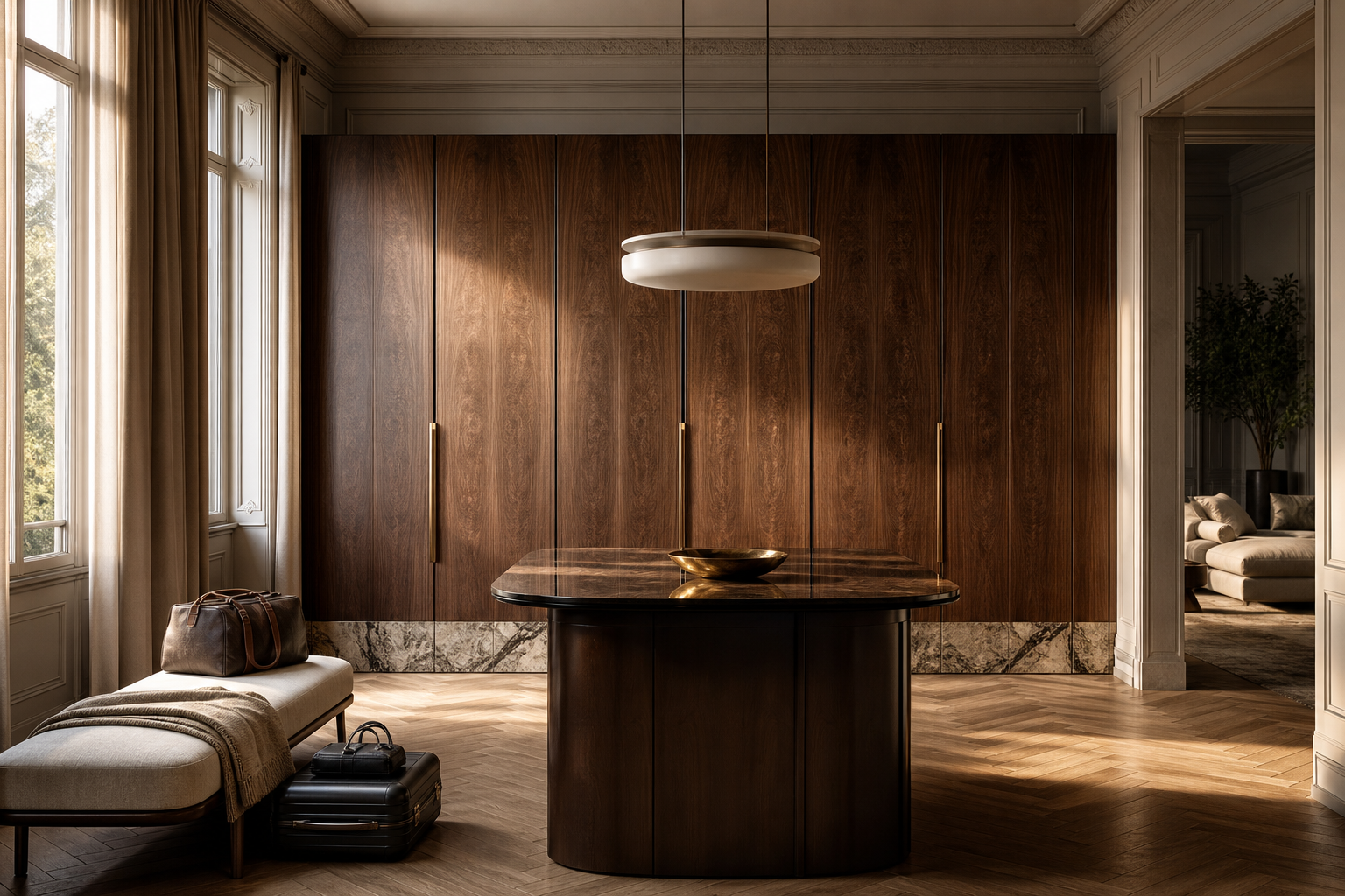 Fadior Voyage Wardrobe Suite with Resort Linen Arrival Wall — lifestyle setting with natural light and residential styling