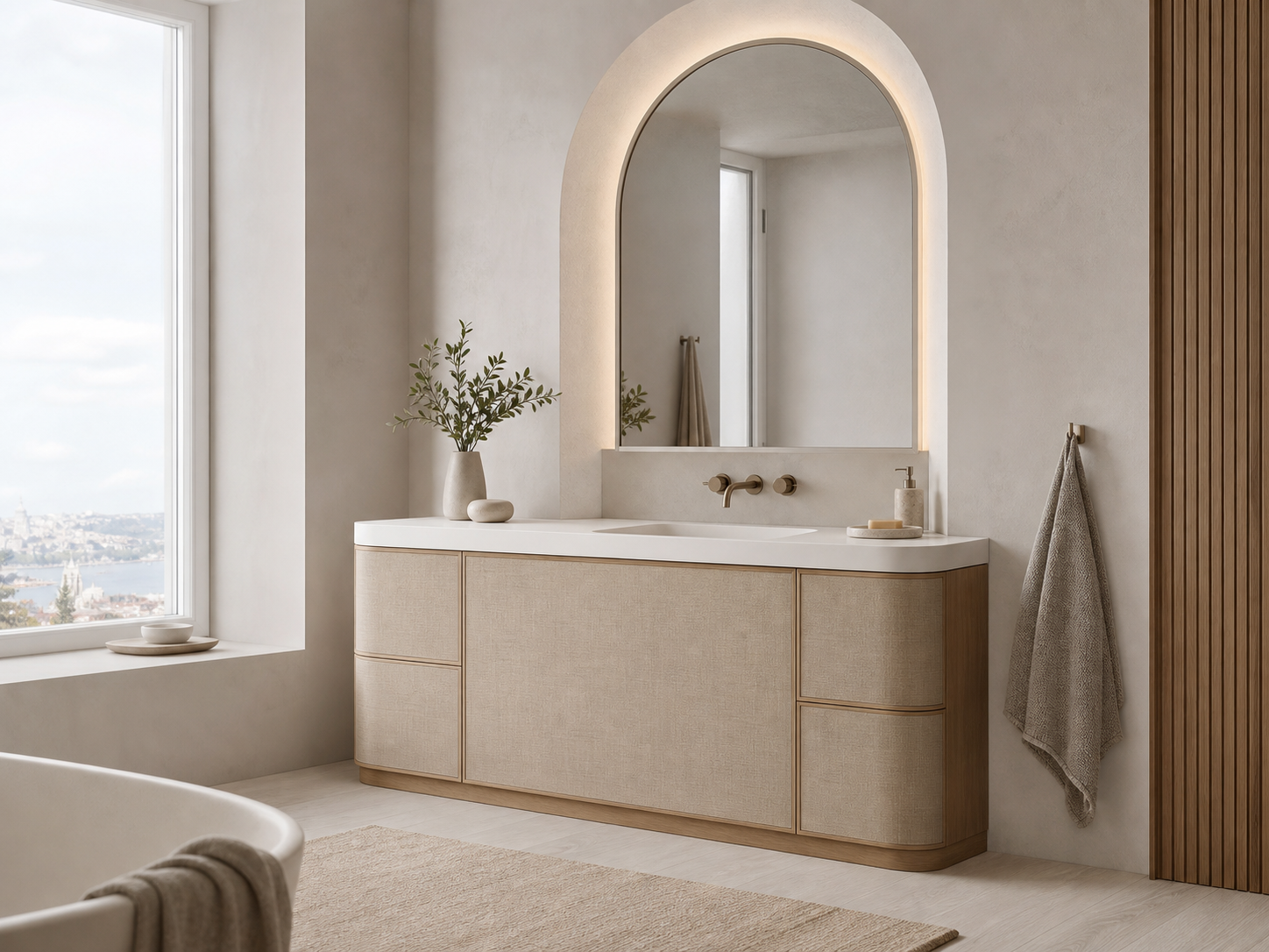 Fadior Ethereal Bath and Vanity Suite with Arched Linen Wash Console — interior room context showing cabinet integration
