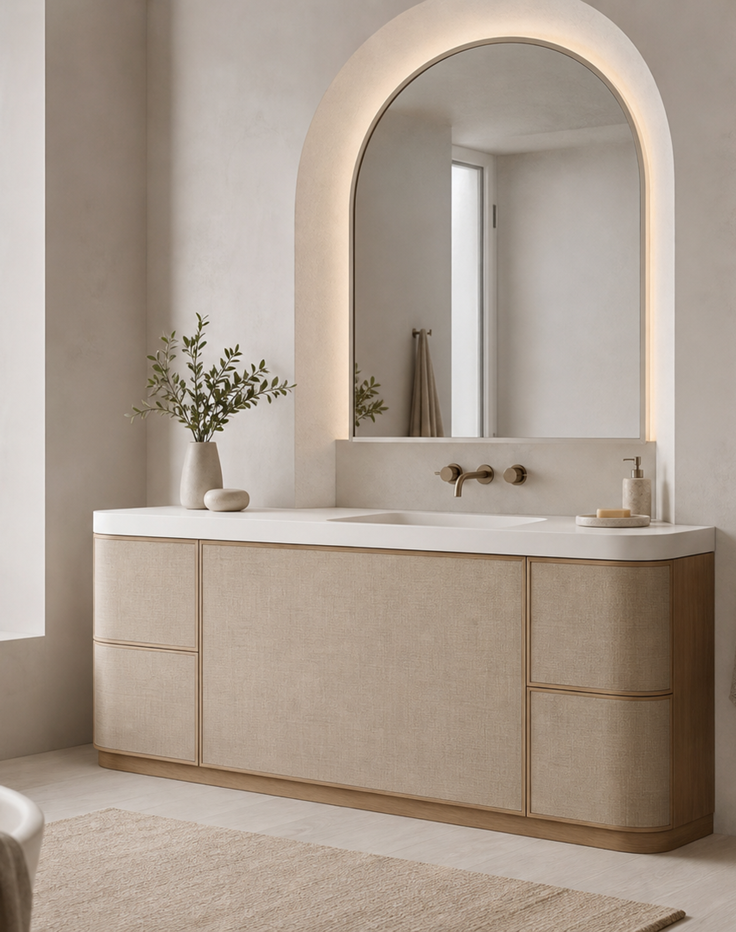 Fadior Ethereal Bath and Vanity Suite with Arched Linen Wash Console — interior room context showing cabinet integration