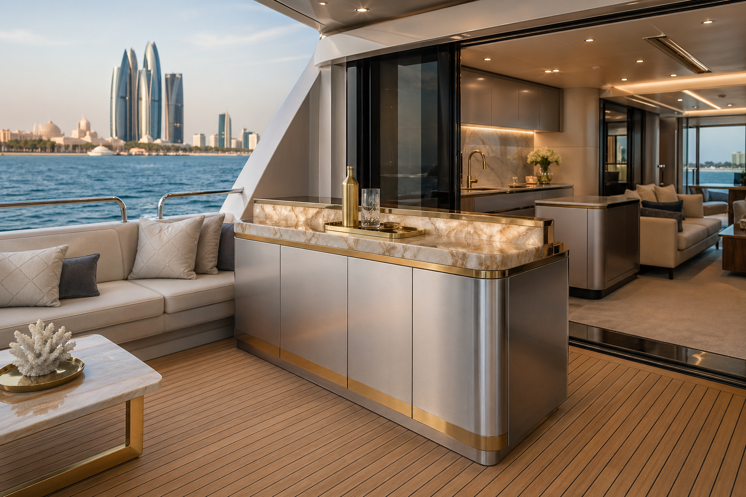 Fadior Gulf Custom Yacht — stainless service bar, onyx counter, teak deck, cream lounge, marina skyline