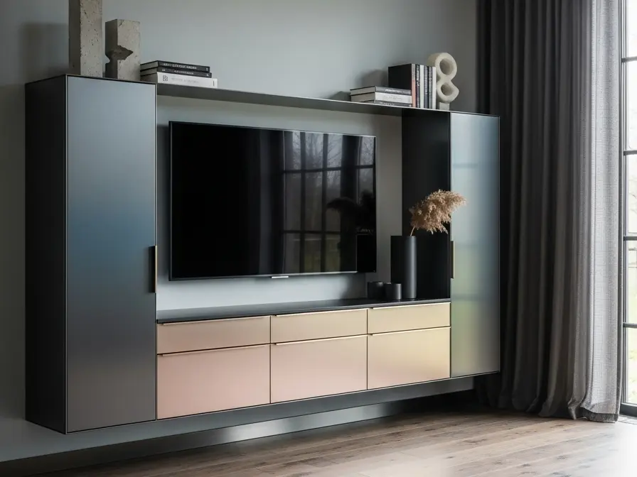 Fadior Essence Living Room Suite - stainless steel living room cabinetry with media storage, display shelving, concealed devices, and residential finishes
