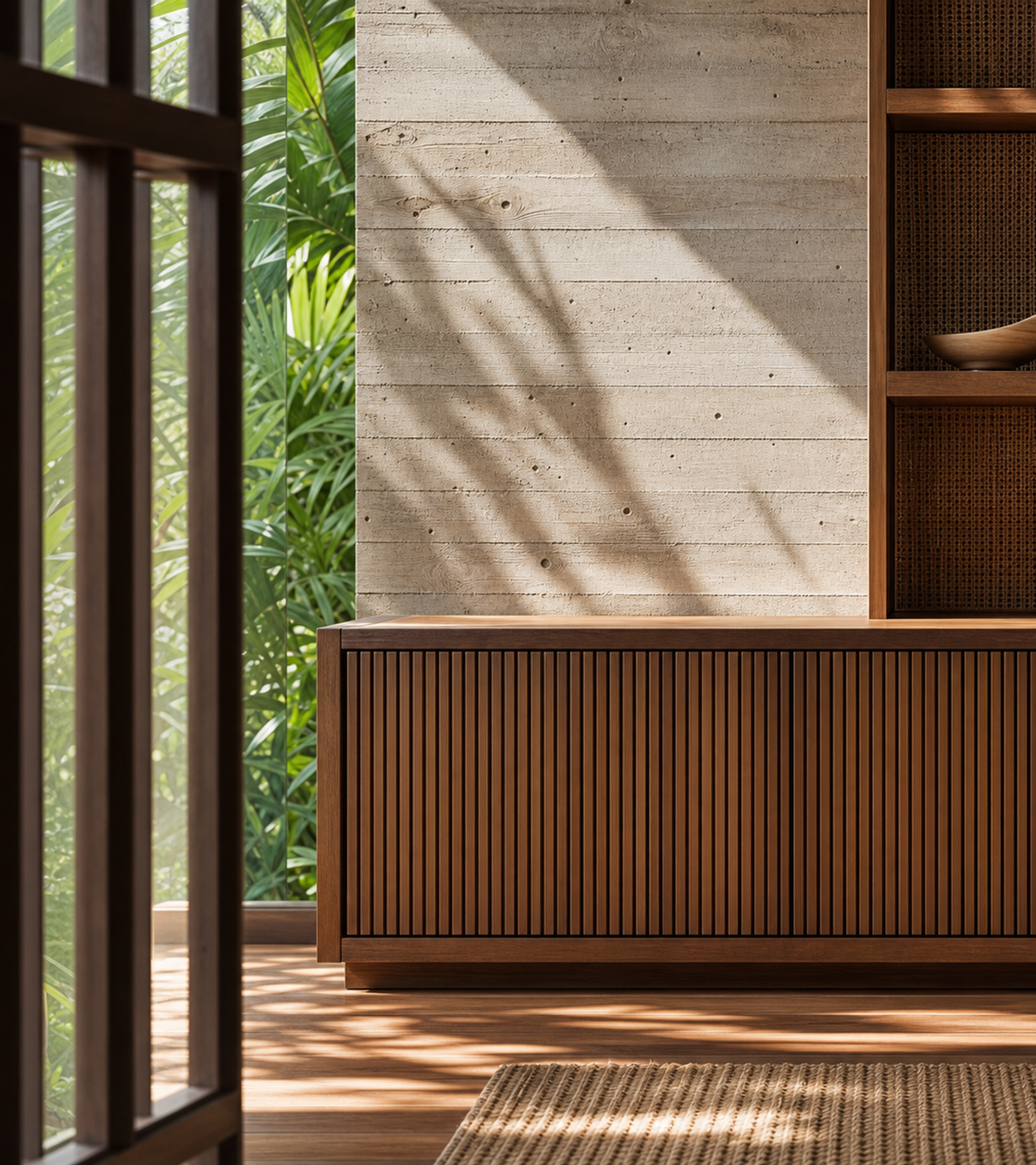 Fadior Zenith Living Room Suite with Fluted Bookcase Bridge — close-up of stainless steel finish and hardware detail