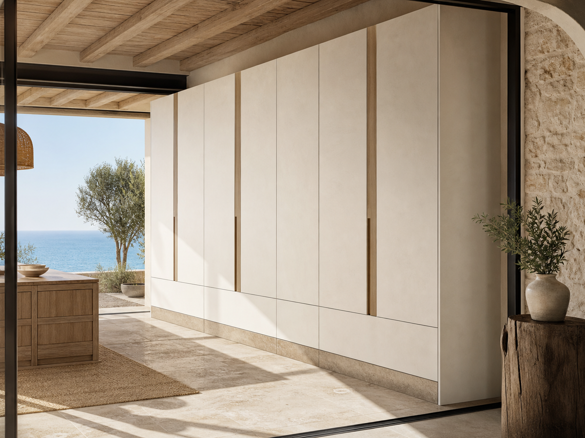 Fadior Resonance Wardrobe Suite with Concealed Service Spine — 304 stainless steel wardrobe system, front view