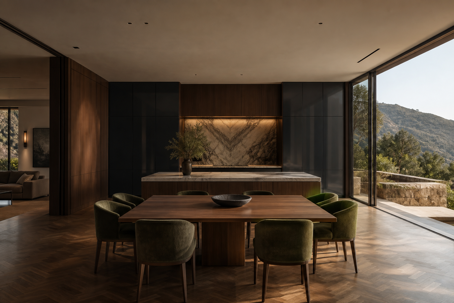 Fadior Athens 450 sqm Kitchen Villa — Fadior Athens living integration with kitchen island, marble table, oak parquet,