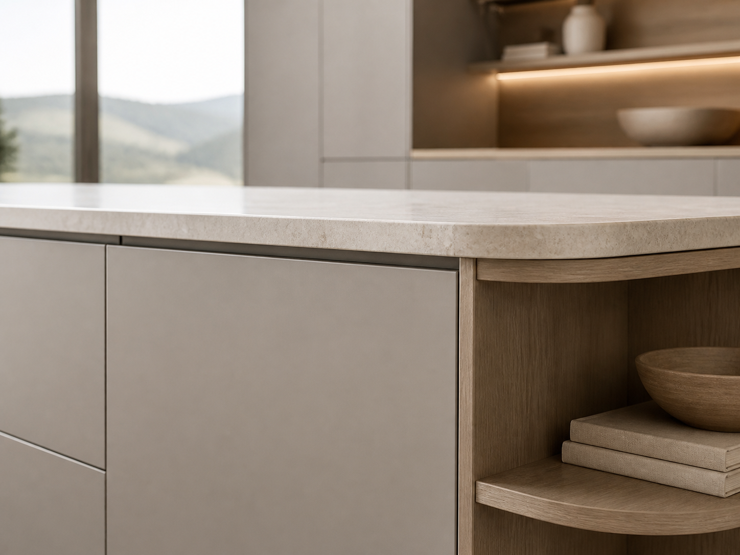 Fadior Silkstone Kitchen Suite with Spectral Prep Peninsula — close-up of stainless steel finish and hardware detail