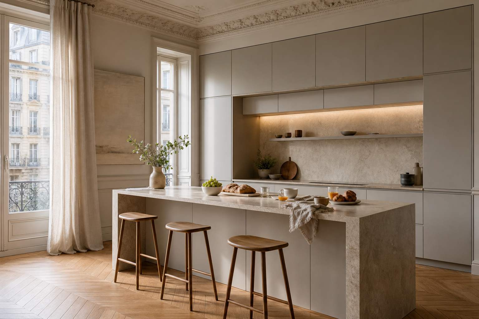 Quiet residential kitchen showing high quality cabinets in daily breakfast use