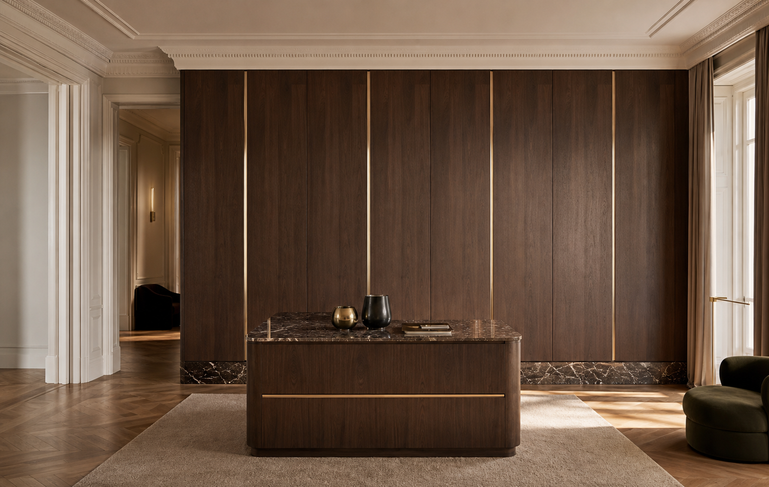 Fadior Resonance Wardrobe Suite with Monolithic Lacquer Wardrobe Plane — 304 stainless steel wardrobe system, front view