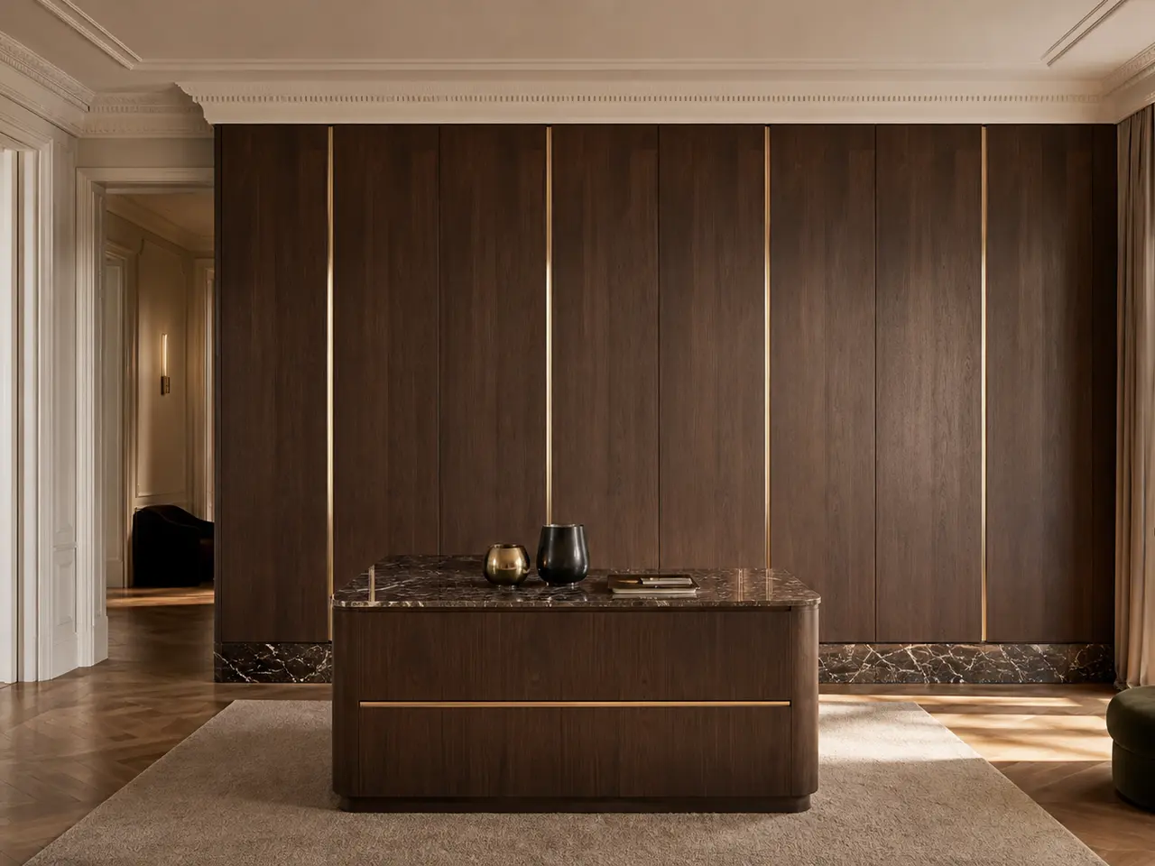 Fadior Resonance Wardrobe Suite with Monolithic Lacquer Wardrobe Plane — 304 stainless steel wardrobe system, front view