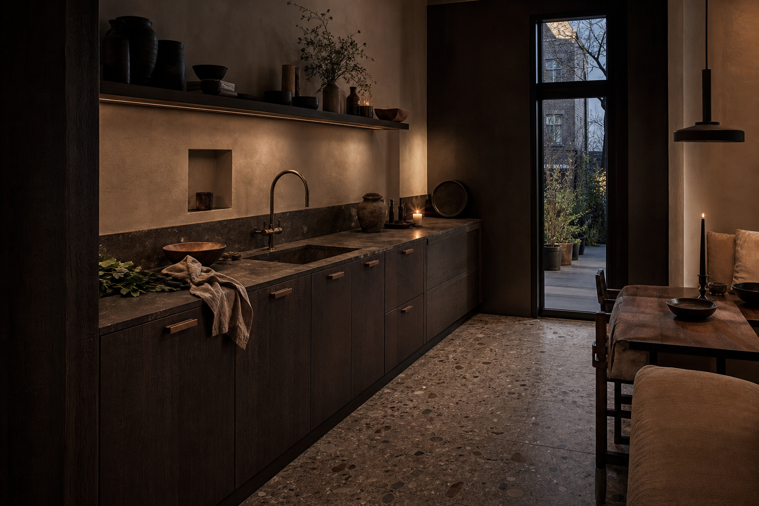 Fadior London 120 sqm Kitchen Villa — London townhouse kitchen workspace with smoked oak cabinets, long counter, sink,