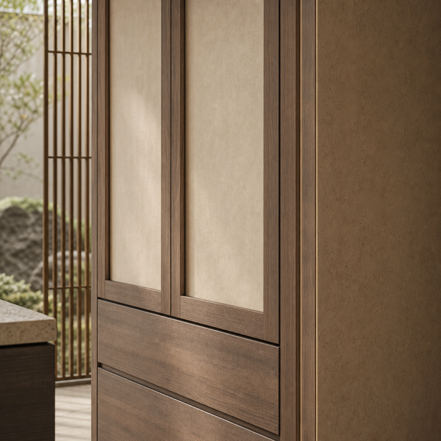 Fadior Canopy Wardrobe Suite with Raw Cypress Dressing Alcove — close-up of stainless steel finish and hardware detail