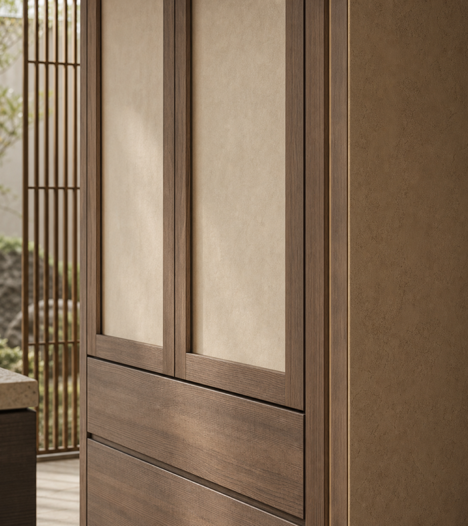 Fadior Canopy Wardrobe Suite with Raw Cypress Dressing Alcove — close-up of stainless steel finish and hardware detail