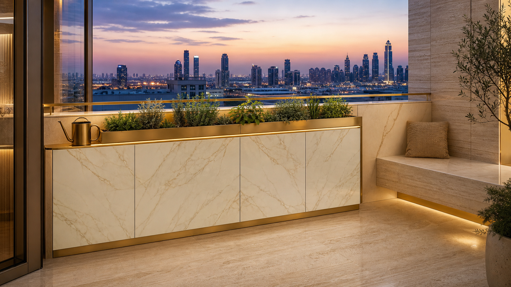 Fadior Soleil Balcony Suite with Planter Service Rail — lifestyle setting with natural light and residential styling