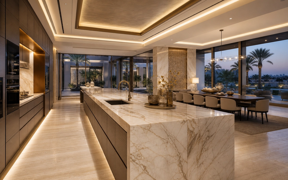 Fadior Doha Garden Courtyard Villa — marble island, walnut cabinetry, travertine floor, dining table, palm courtyard — 304 stainless steel cabinetry installation by Fadior