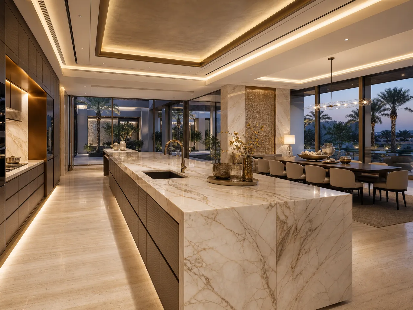 Fadior Doha Garden Courtyard Villa — marble island, walnut cabinetry, travertine floor, dining table, palm courtyard