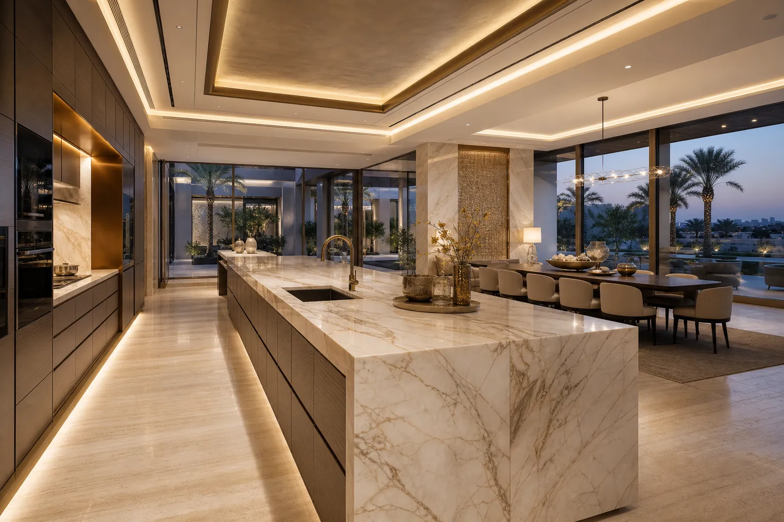 Fadior Doha Garden Courtyard Villa — marble island, walnut cabinetry, travertine floor, dining table, palm courtyard