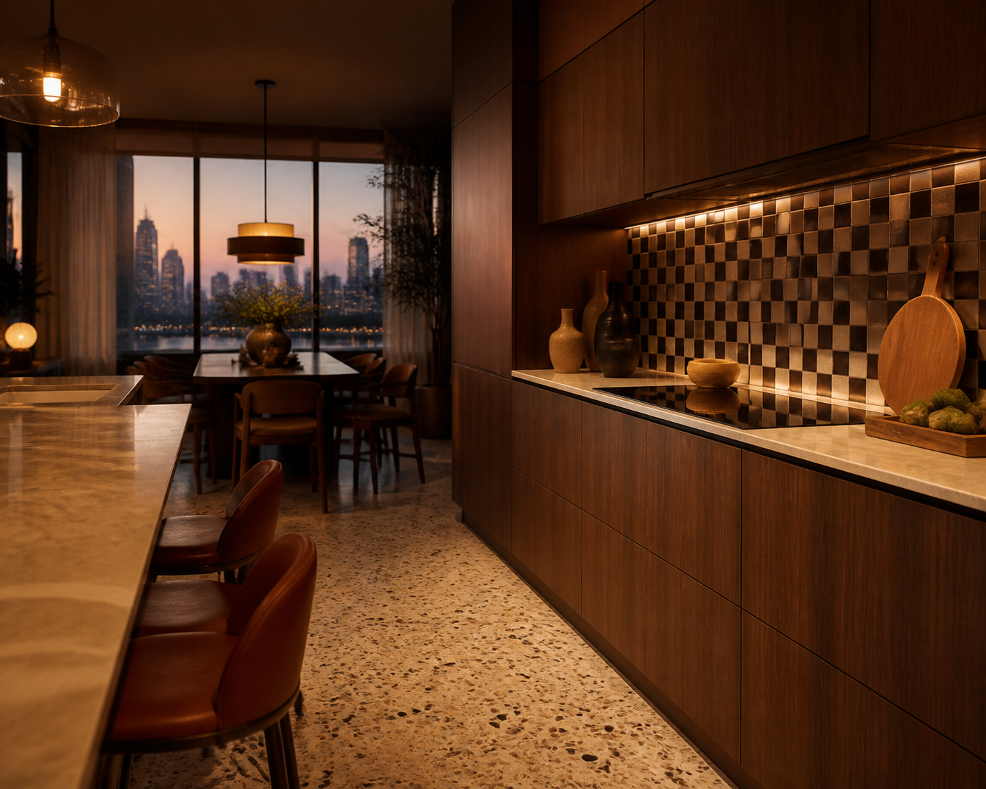 Fadior Abu Dhabi 425 sqm Kitchen Villa — walnut cabinet wall, counter, checkerboard tile backsplash, terrazzo floor,