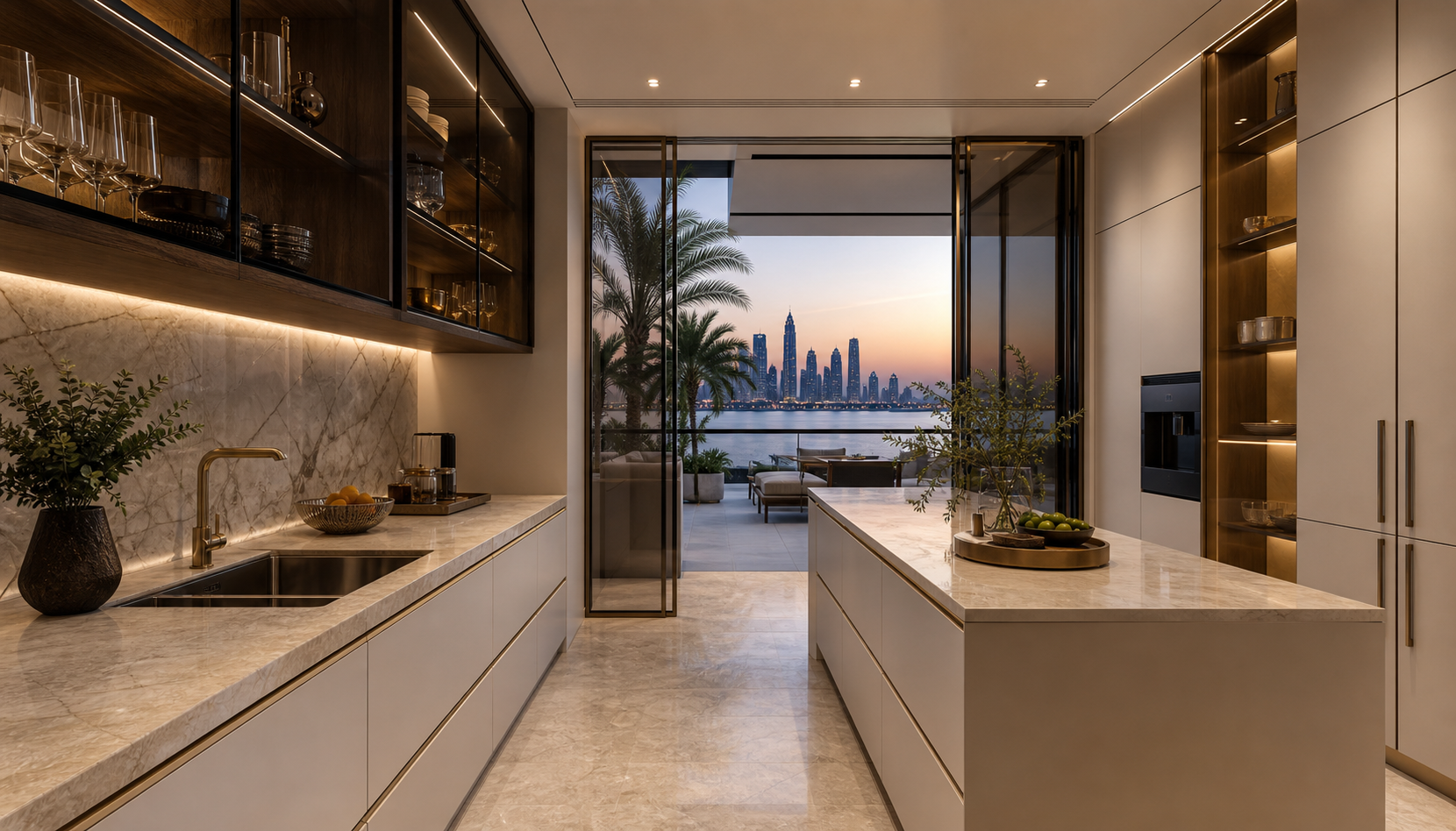 Fadior Dubai 450 sqm Kitchen Villa — pantry cabinet, marble counter, travertine floor, glass door, palm terrace