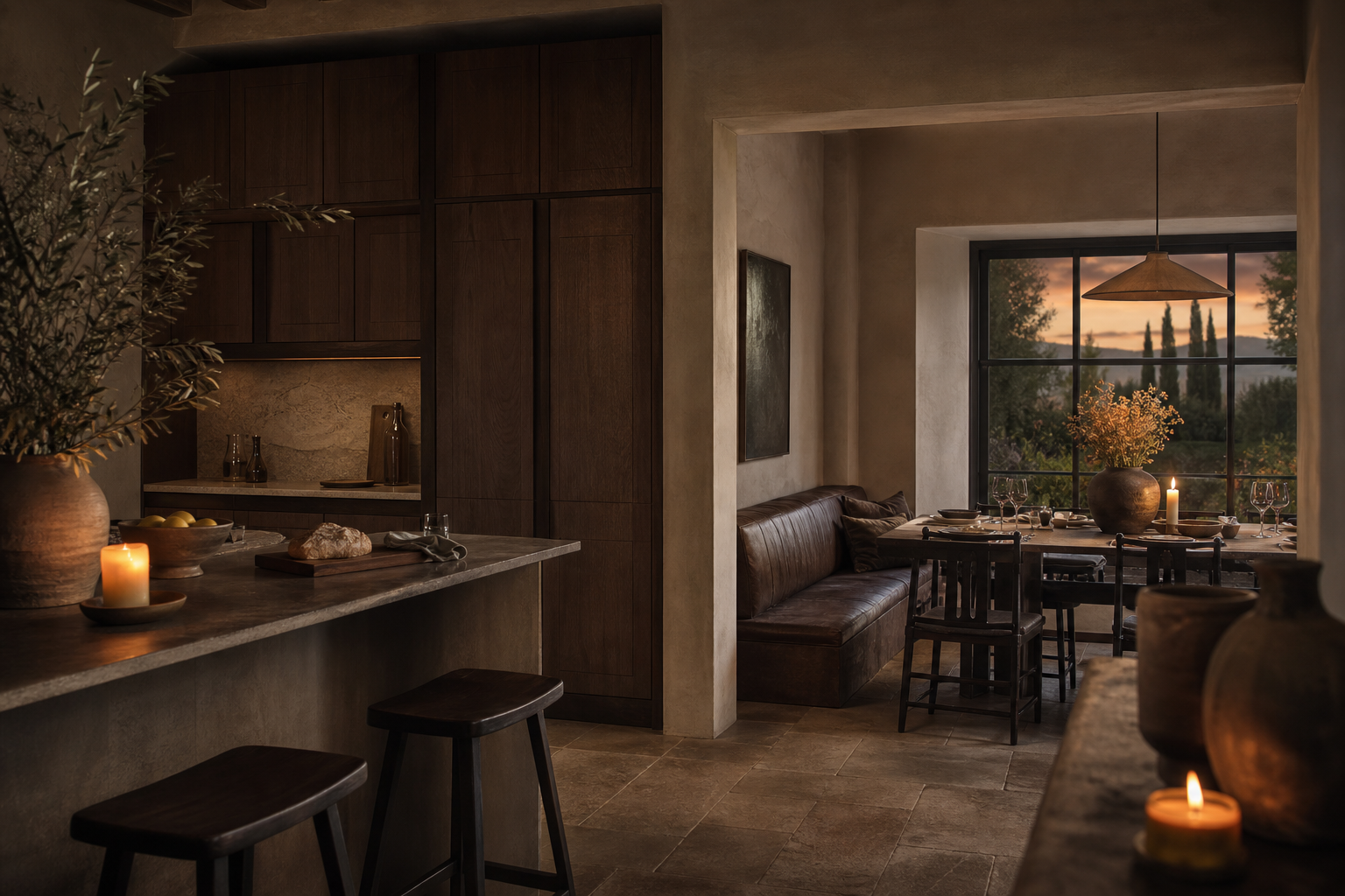 Quiet comparison kitchen showing two cabinet finish directions around a central island.