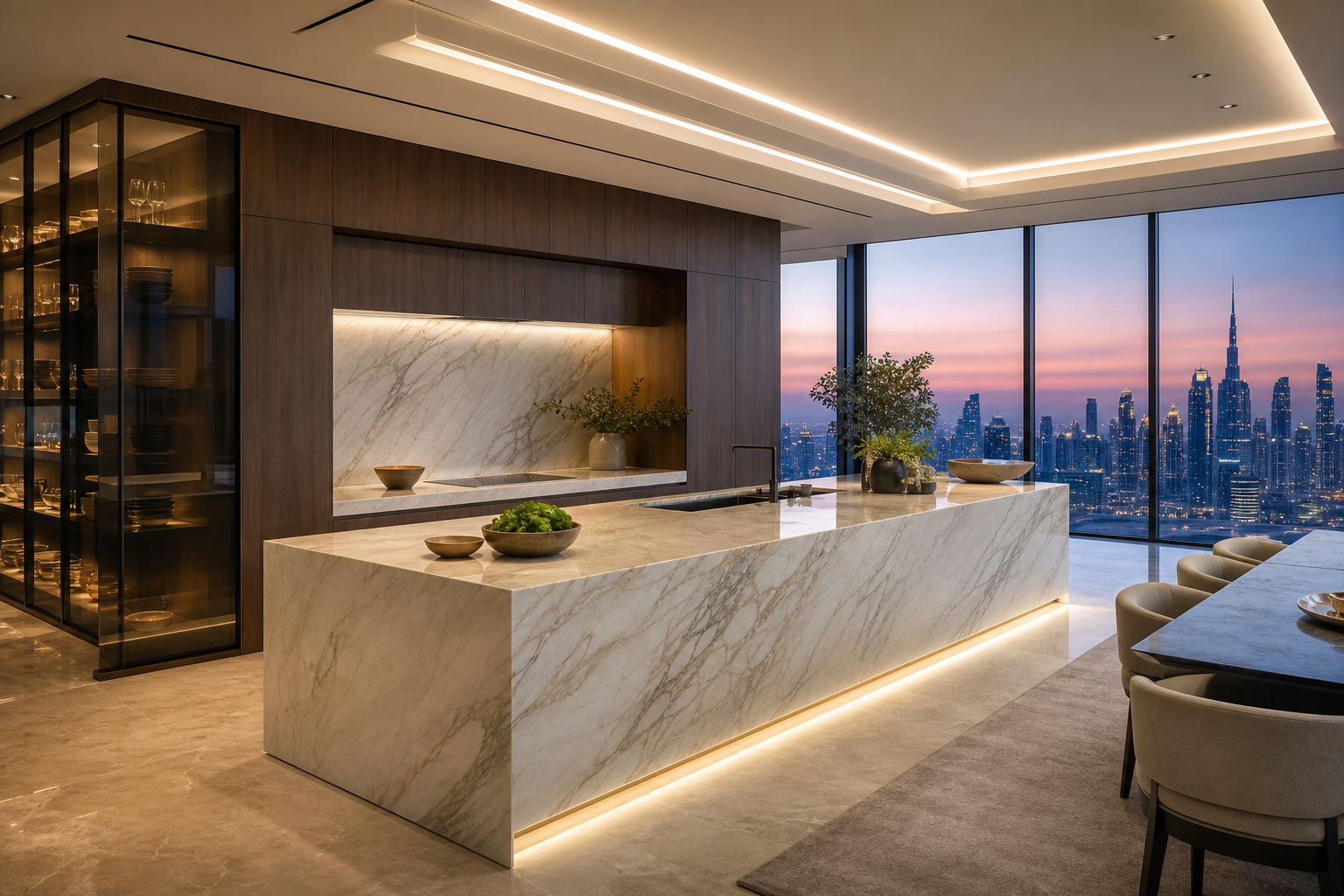 Fadior Dubai 220 sqm Kitchen Penthouse — Fadior Dubai kitchen workspace — marble counter, walnut cabinet, tinted glass,