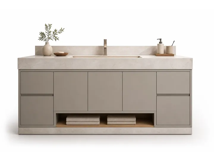 Fadior Alcove Bath and Vanity Suite with Quartzite Ledge Towel Console — 304 stainless steel bath and vanity system,