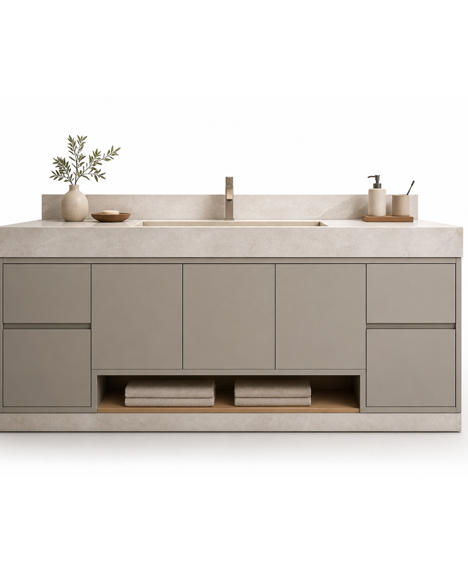 Fadior Alcove Bath and Vanity Suite with Quartzite Ledge Towel Console — 304 stainless steel bath and vanity system,