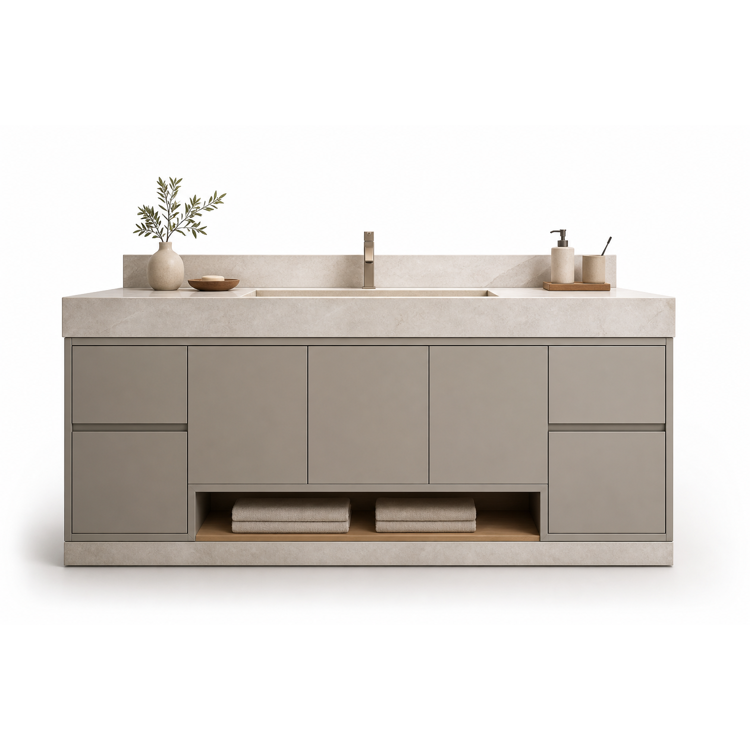 Fadior Alcove Bath and Vanity Suite with Quartzite Ledge Towel Console — 304 stainless steel bath and vanity system,