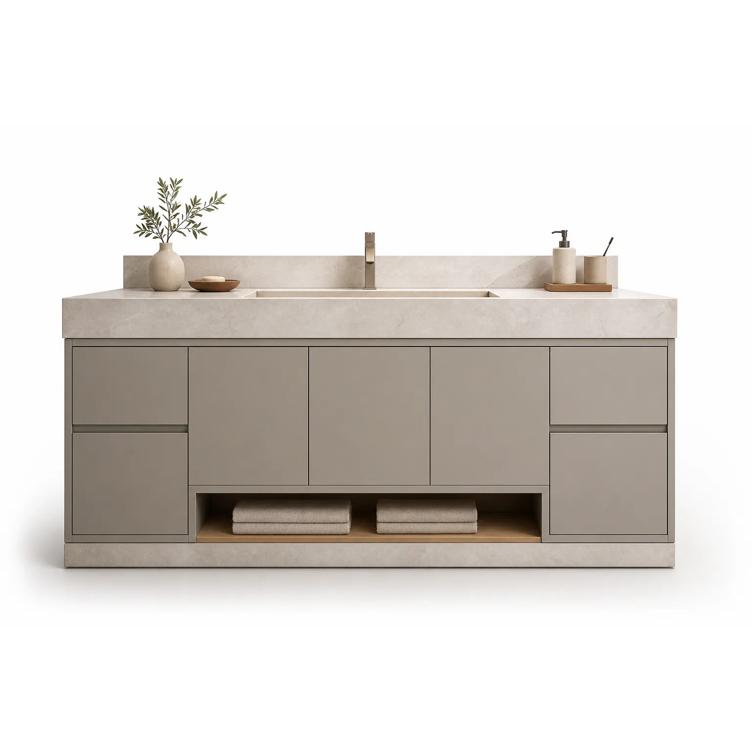 Fadior Alcove Bath and Vanity Suite with Quartzite Ledge Towel Console — 304 stainless steel bath and vanity system,