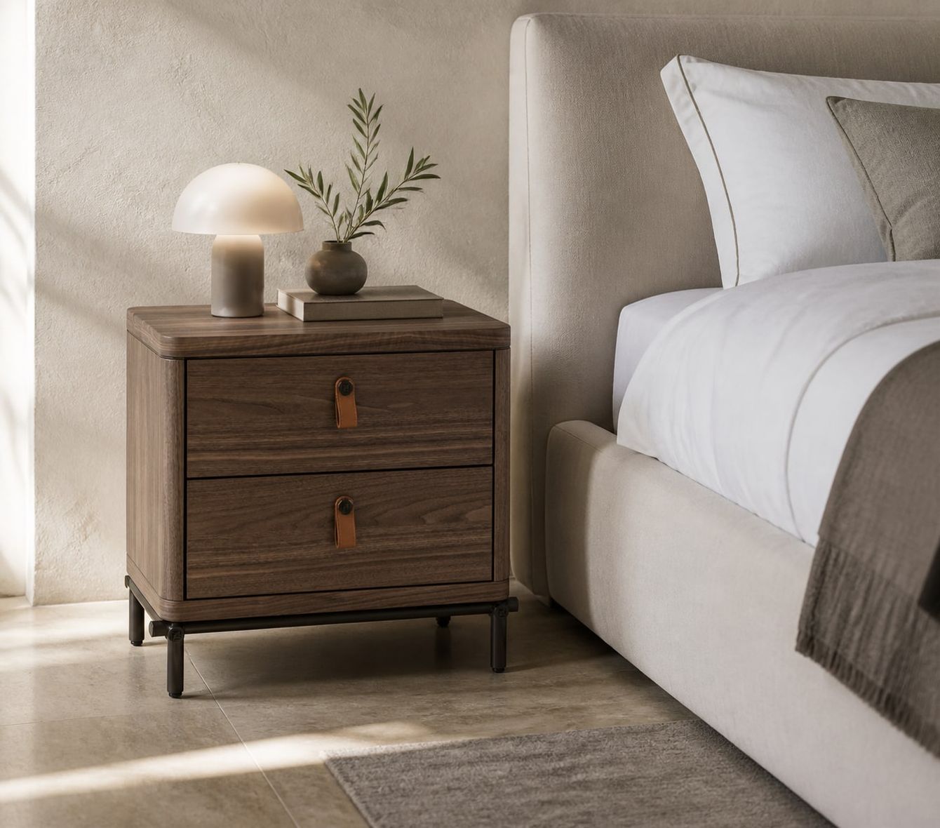 Walnut Nightstand (Walnut veneer) styled in a FADIOR HOME interior setting