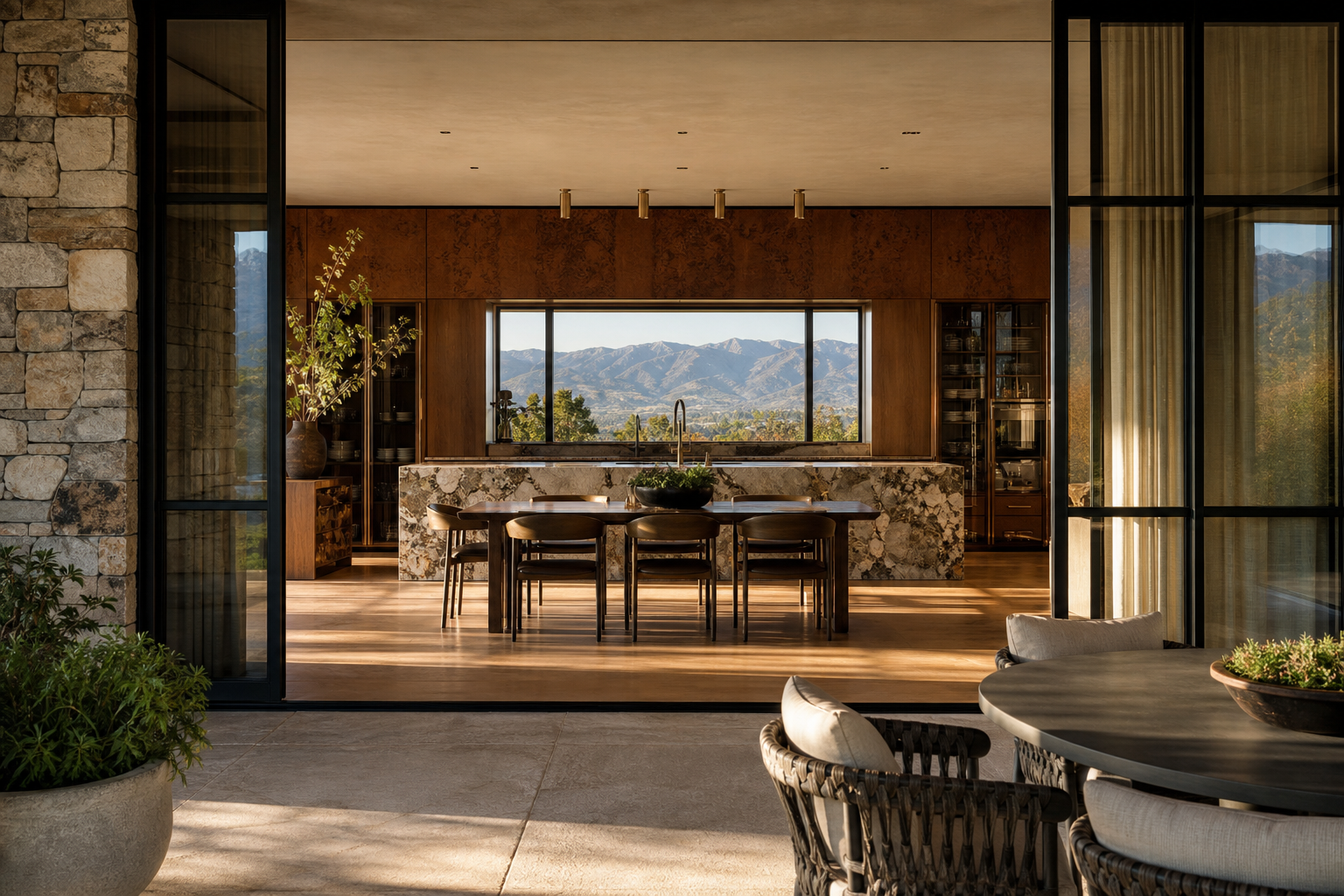 Fadior Denver 600 sqm Kitchen Villa — Denver terrace kitchen view stone wall, dining table, cabinet, mountain window